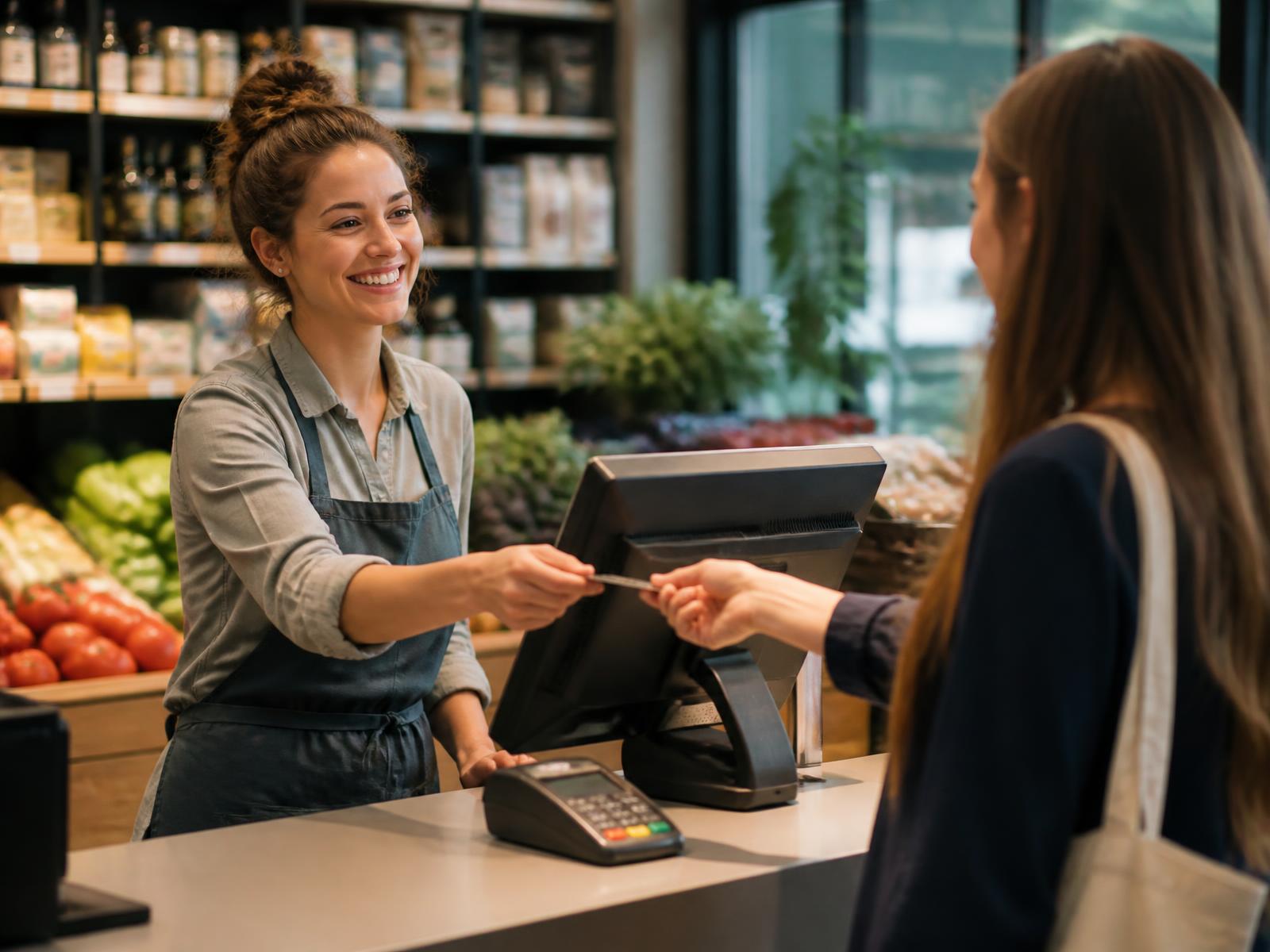 Store employee serving a customer at a modern retail checkout counter with a POS terminal and payment terminal