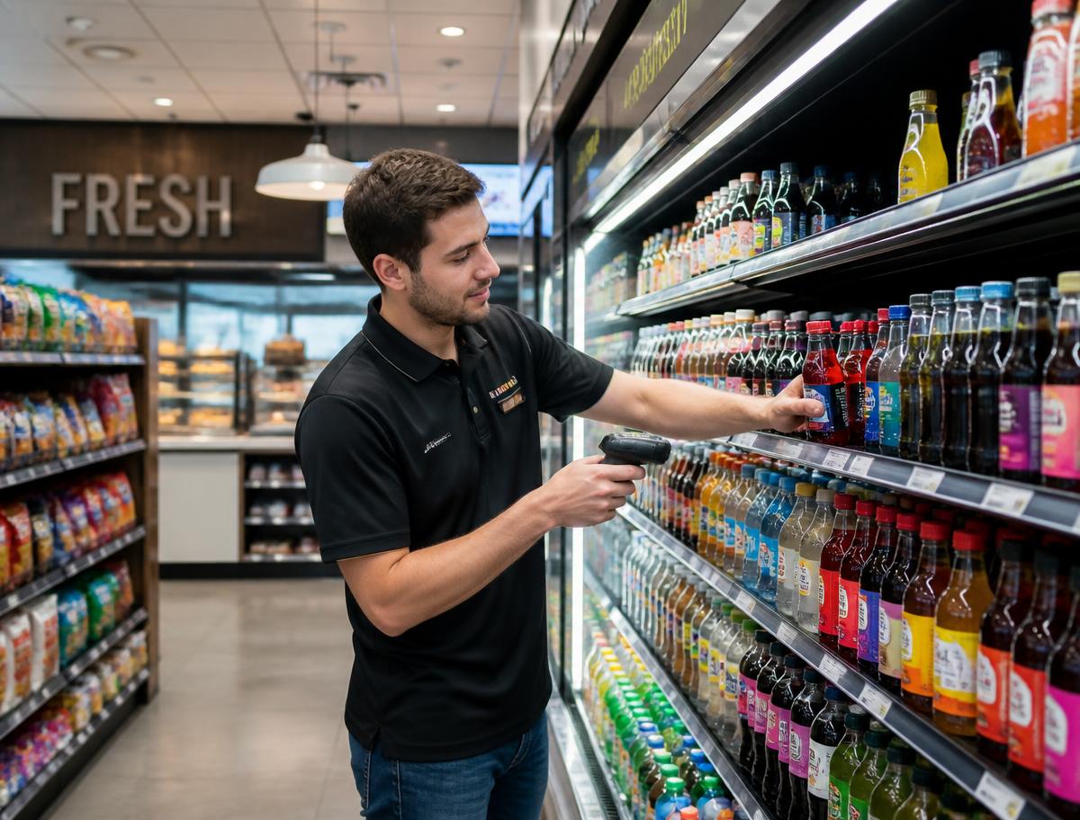 Store employee restocking a cooler of bottled drinks with a handheld scanner