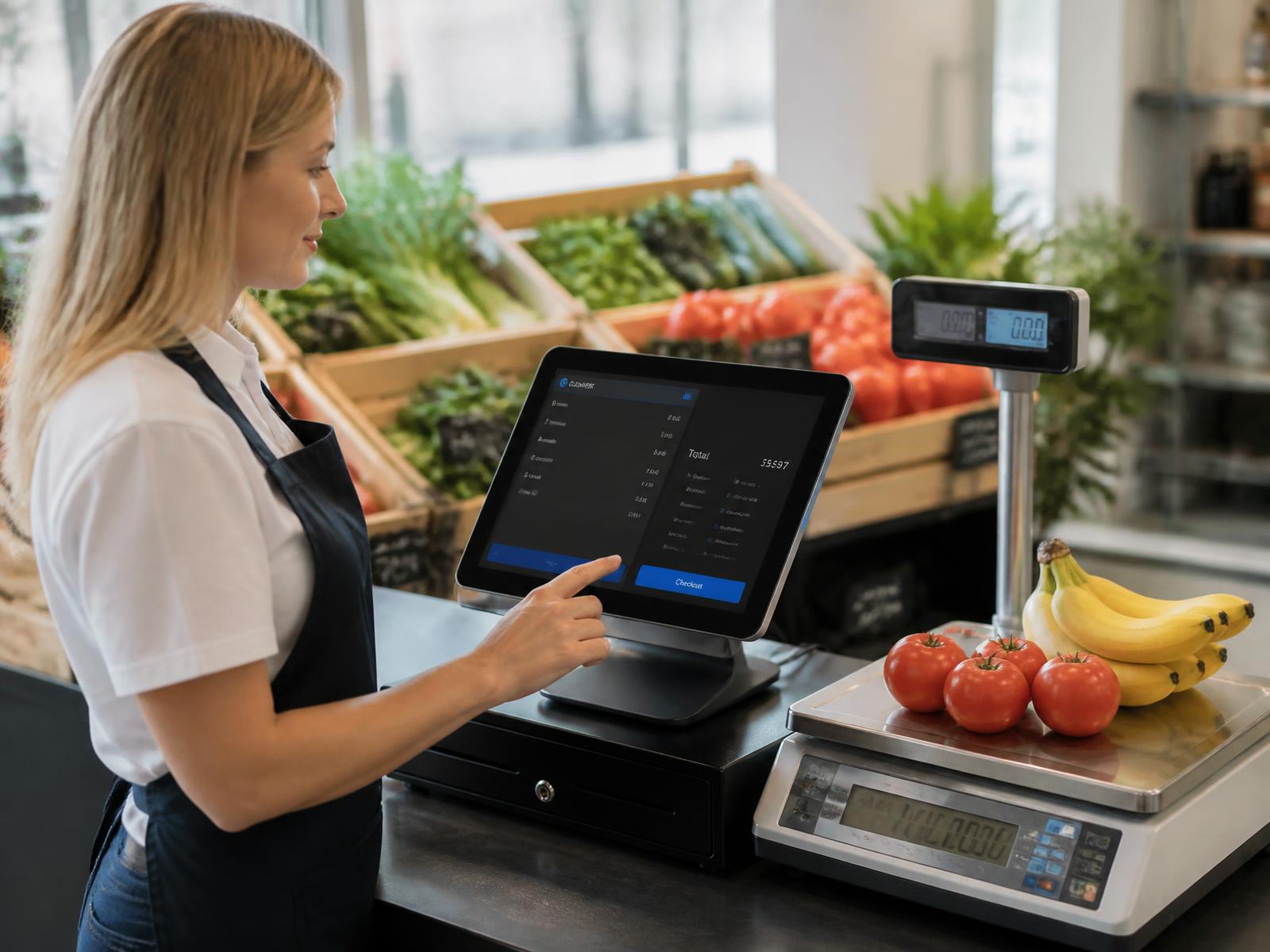 Grocery store employee using a WECOMM POS terminal next to a produce scale with tomatoes and bananas
