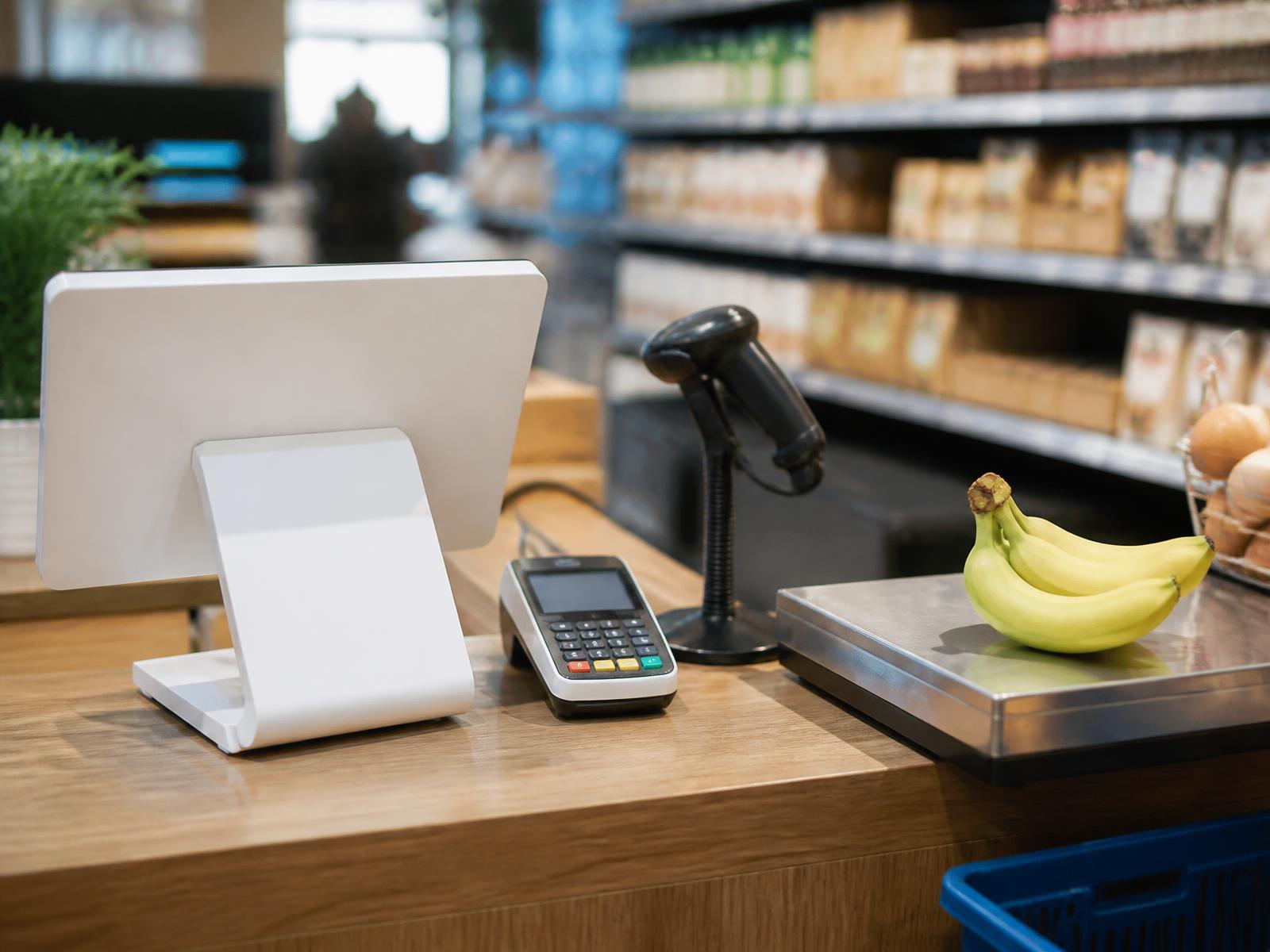 Retail checkout counter with WECOMM POS hardware