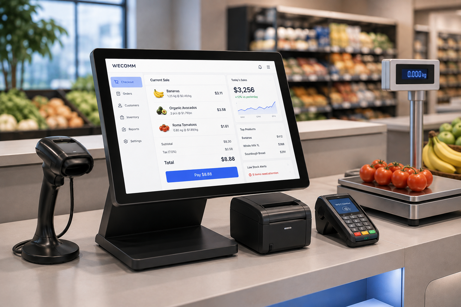 Modern grocery checkout counter with a WECOMM POS touchscreen terminal, barcode scanner, receipt printer, payment terminal and produce scale