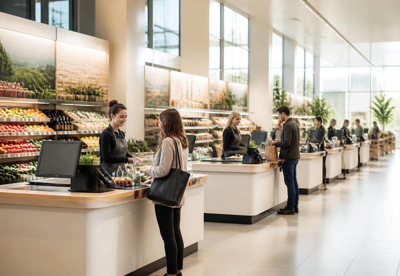 Bright modern supermarket with several staffed checkout lanes each running a POS terminal