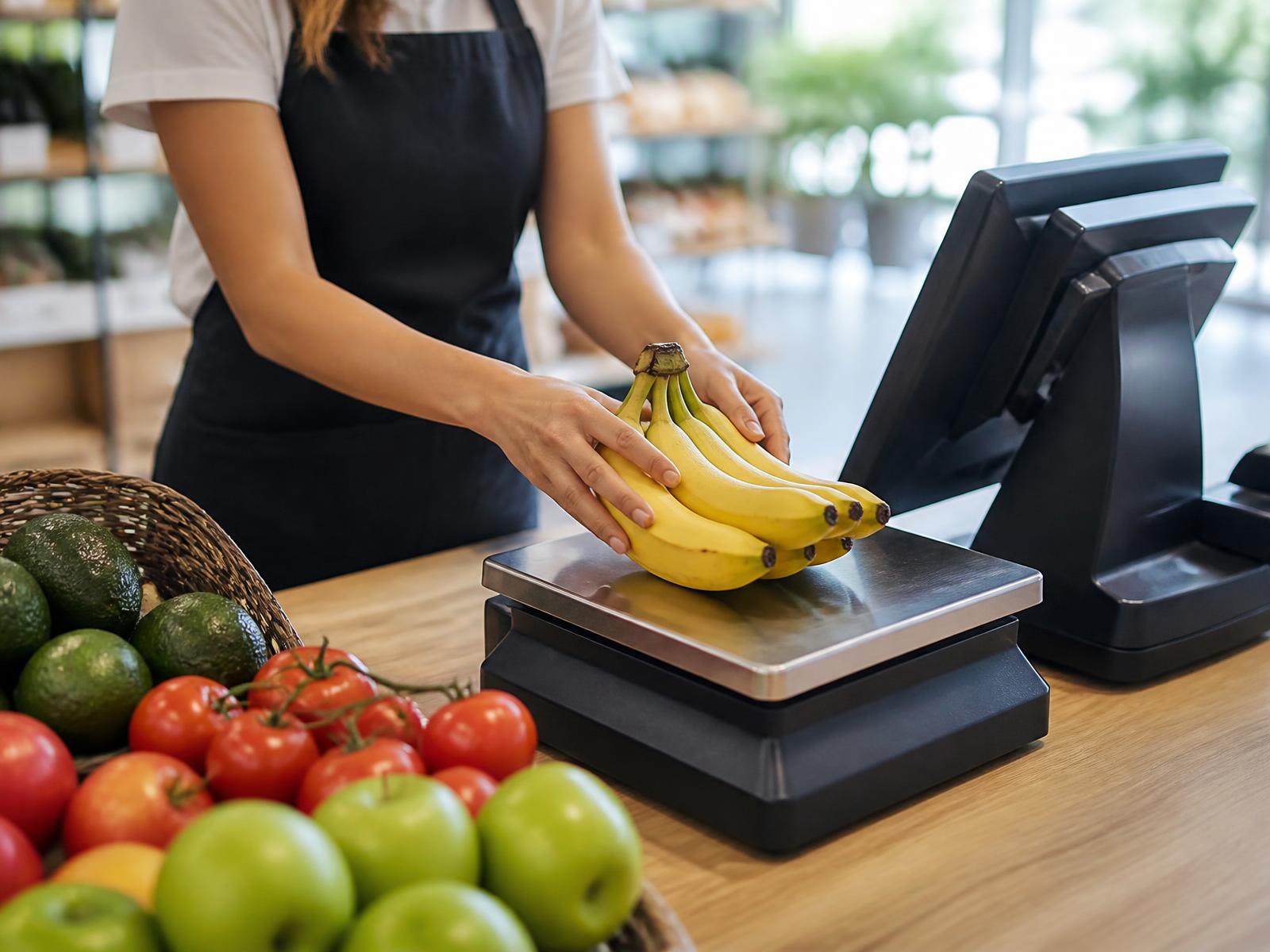 Cashier placing bananas on a produce scale next to a WECOMM POS terminal at a grocery checkout counter